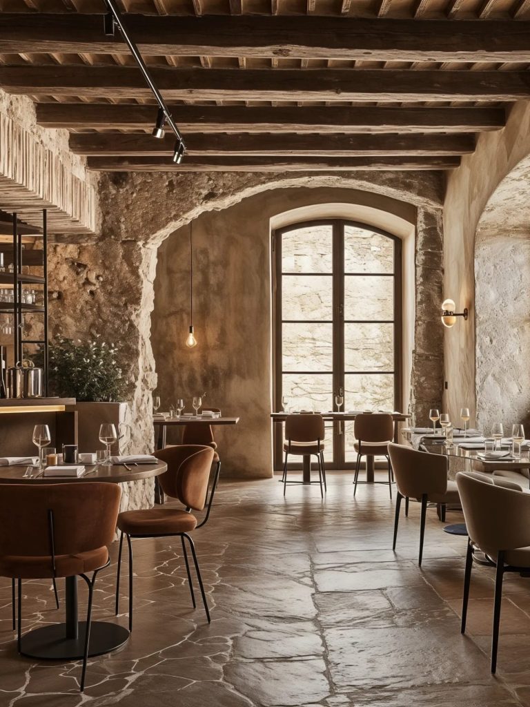 Interior of Agaporia's restaurant Orsina with stone walls, wooden beams,elegant tables and soft lighting