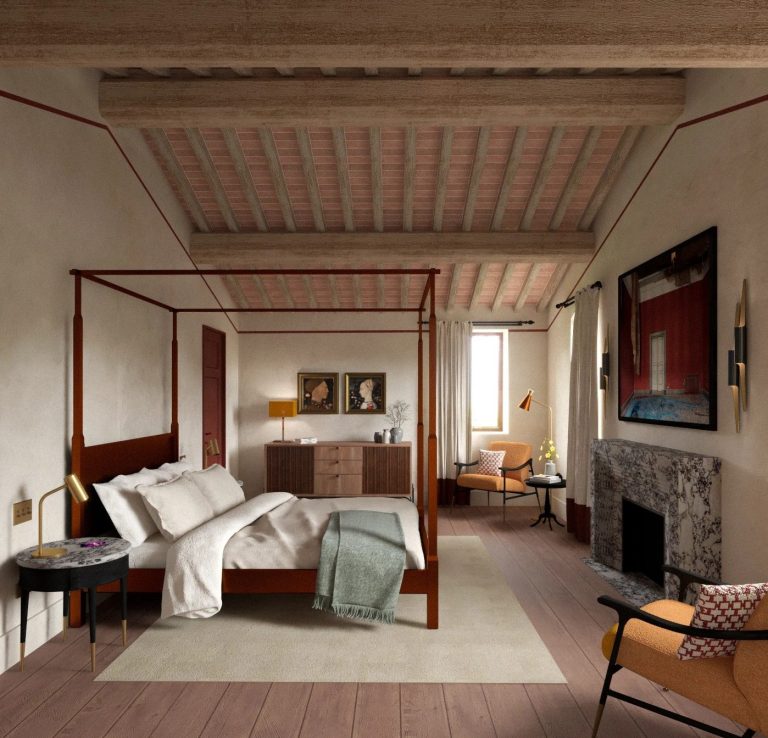 Modern Junior Suite with four-poster bed, fireplace and comfortable seating area.