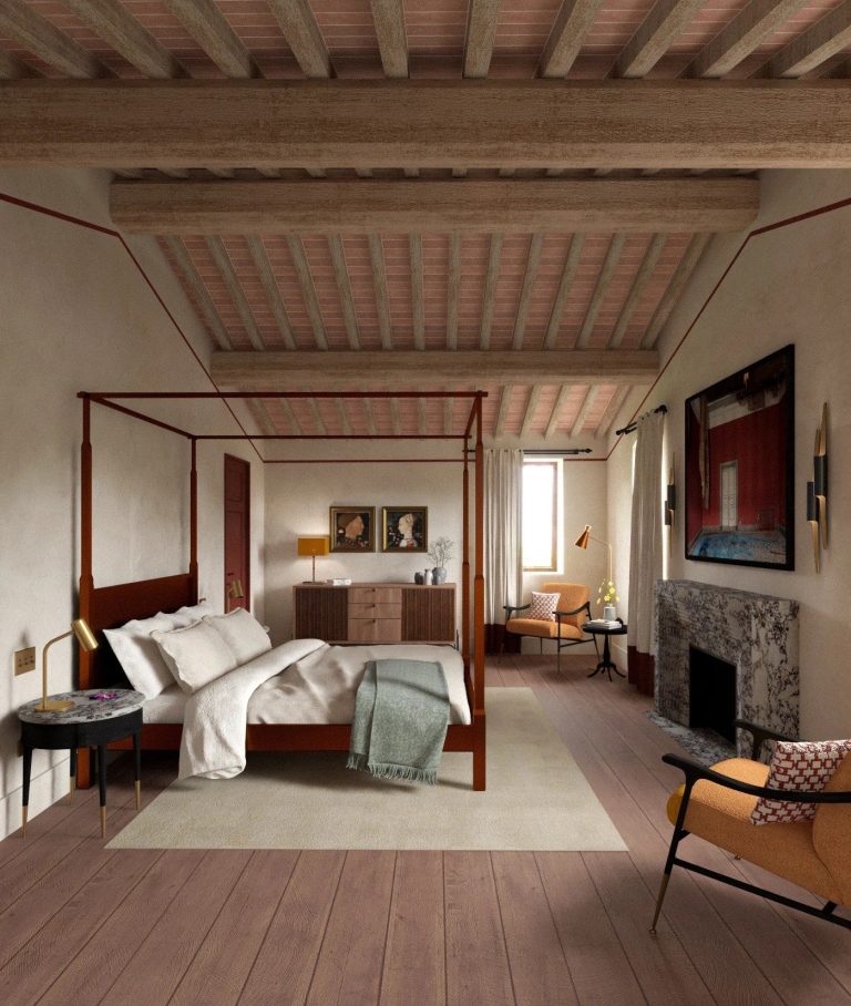 Elegant and spacious Junior Suite with kingsize bed, fireplace and timeless Tuscan charm.