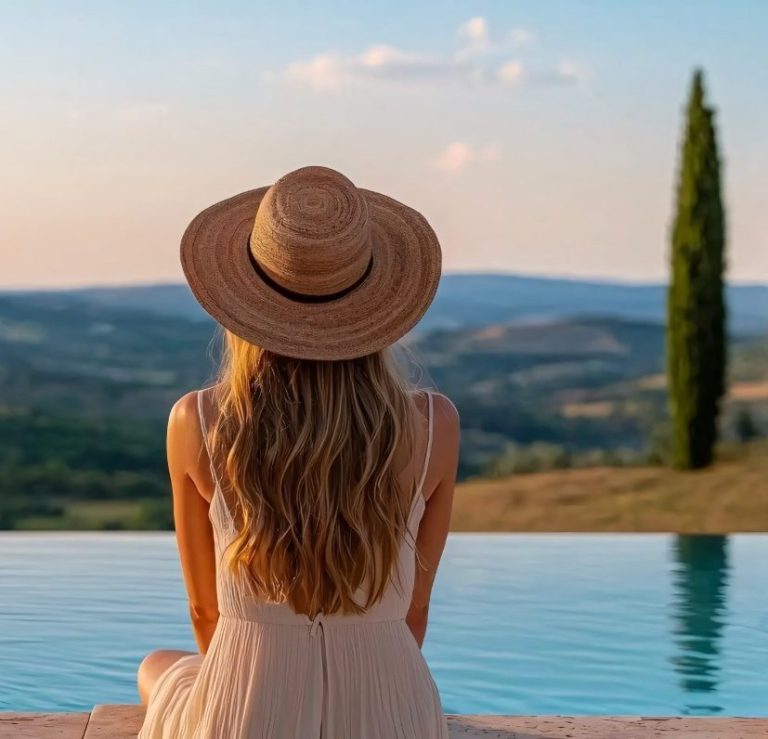 Female guest from behind, wearing a straw hat, admiring a Tuscan landscape overlooking a swimming pool.