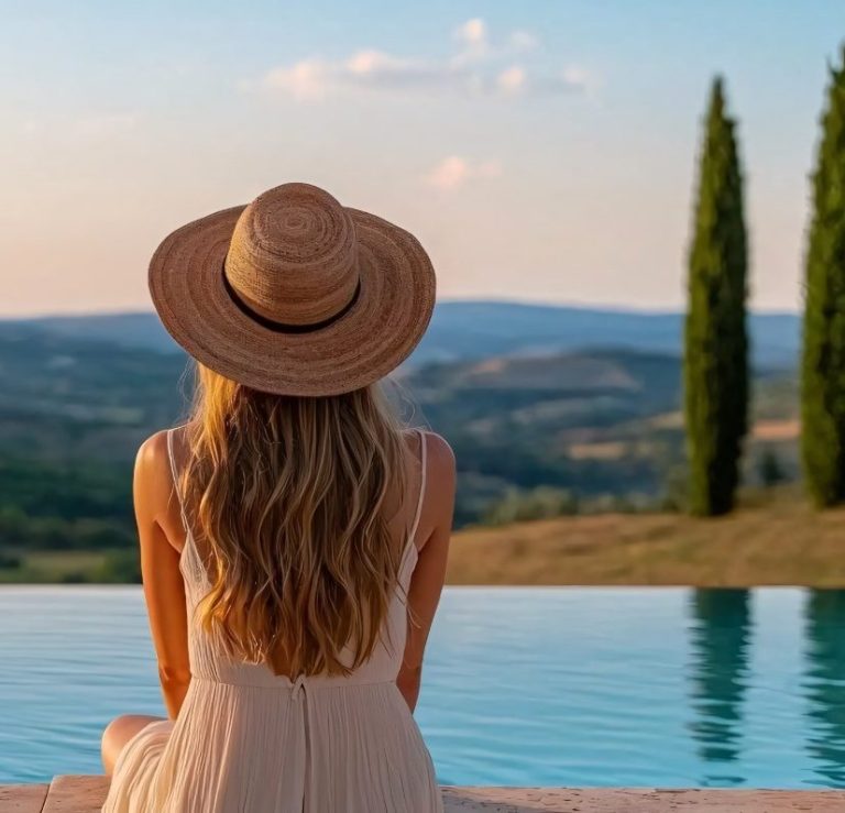 Female guest from behind, wearing a straw hat, admiring a Tuscan landscape overlooking a swimming pool.
