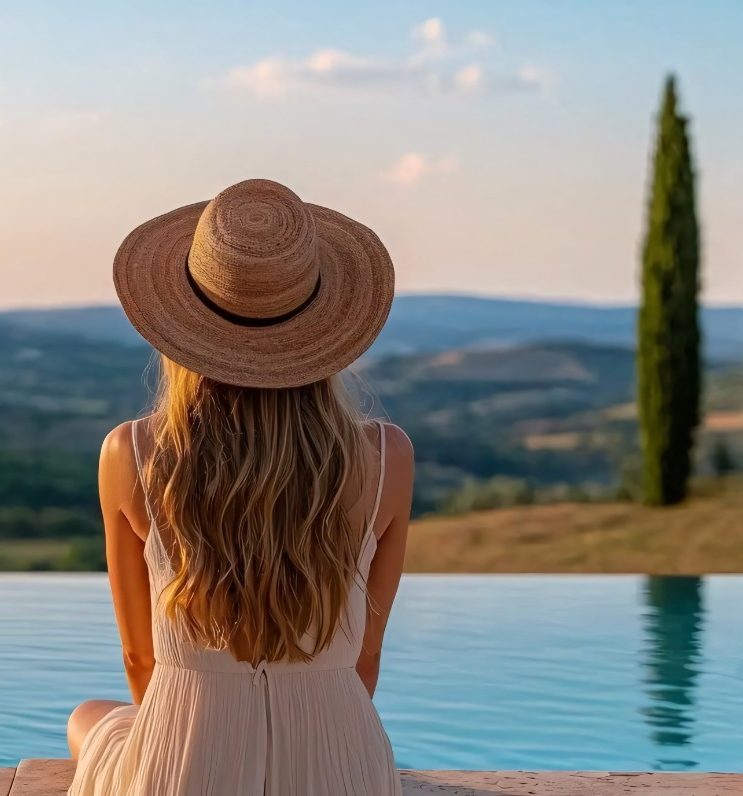 Female guest from behind, wearing a straw hat, admiring a Tuscan landscape overlooking a swimming pool.