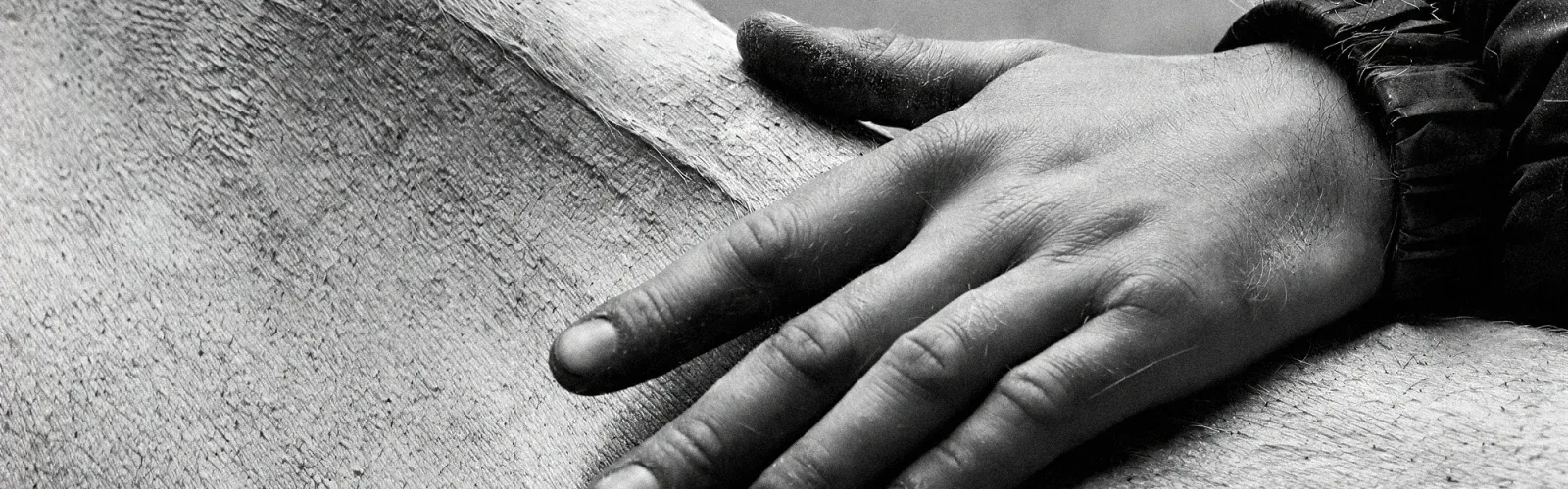 A human hand resting on a horse's flank, photographed in black and white. Strategic Alliances at the regenerative five-star Agaporia estate, rendered as A Symbiotic Future, trust between sentient beings sharing the 70-hectare Biological Engine