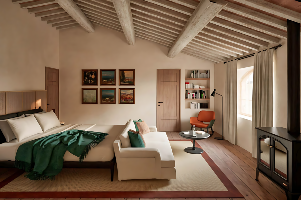 Interior of a 65m² Sovereign Suite at Agaporia opening onto the Tuscan landscape through expanded glazing, with reclaimed chestnut surfaces and lime-plaster walls.