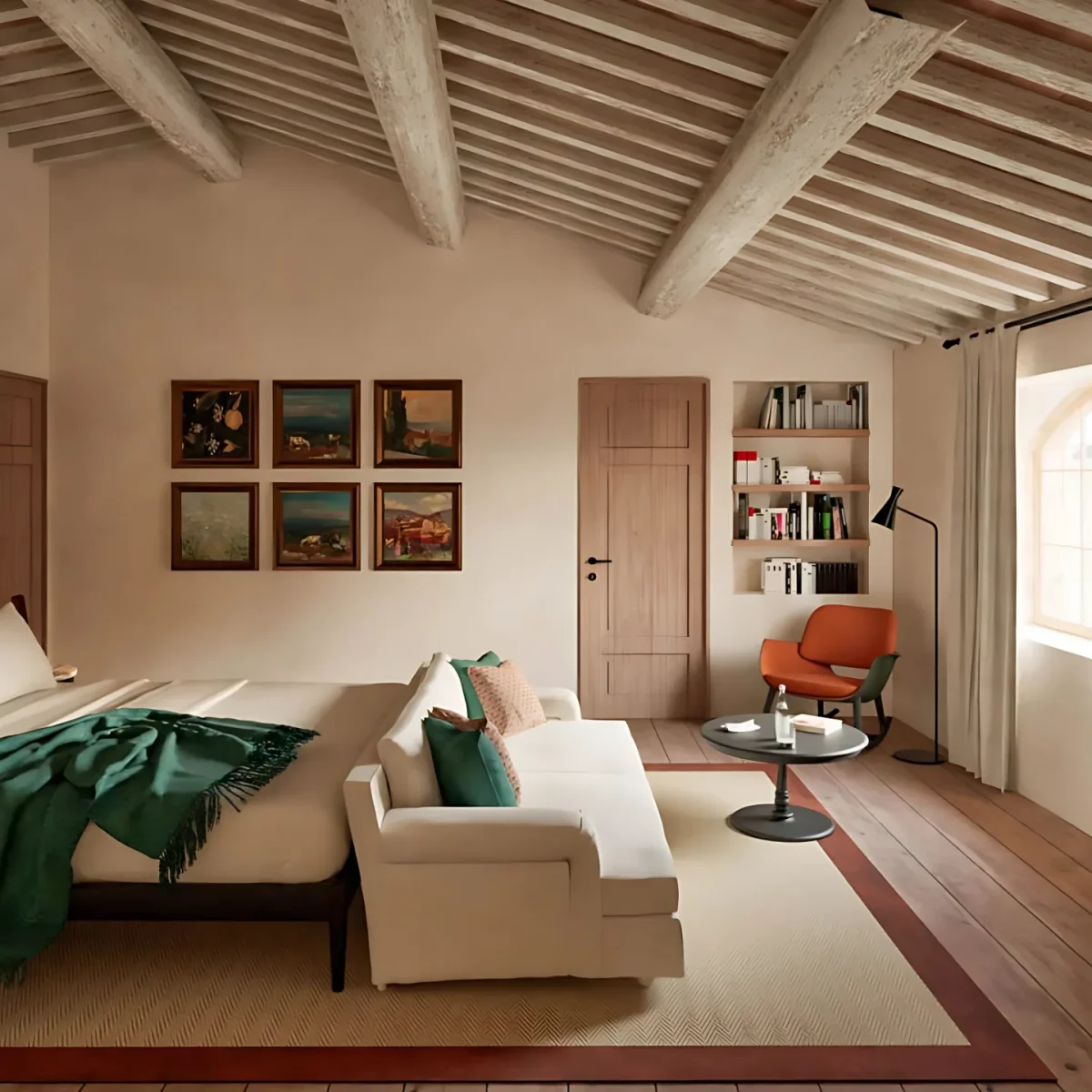Interior of a 65m² Sovereign Sanctuary at Agaporia opening onto the Tuscan landscape through expanded glazing, with reclaimed chestnut surfaces and lime-plaster walls.