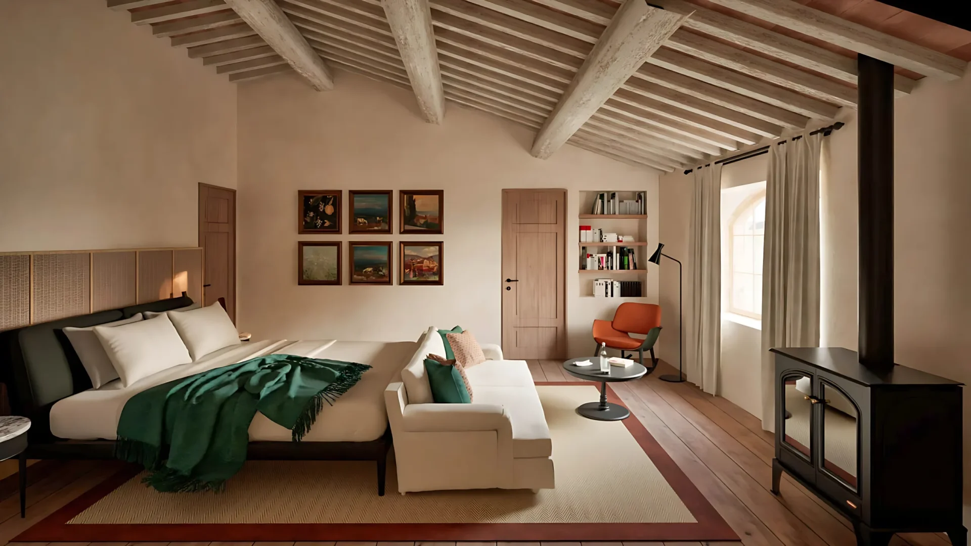 Interior of a 65m² Sovereign Sanctuary at Agaporia opening onto the Tuscan landscape through expanded glazing, with reclaimed chestnut surfaces and lime-plaster walls.