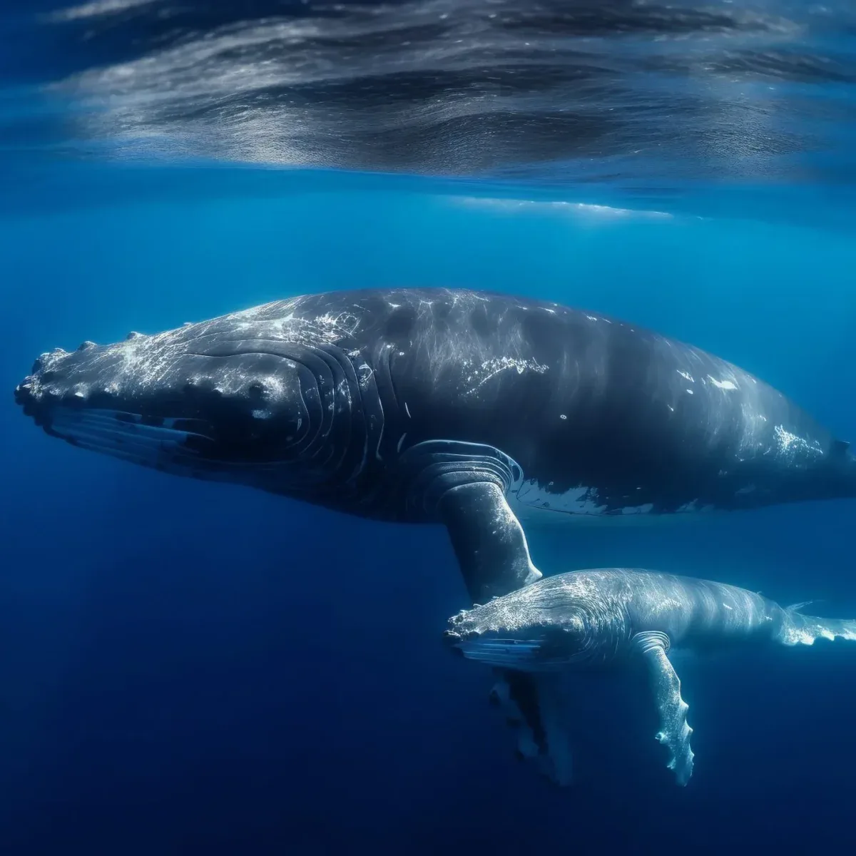 A whale at the ocean surface, Oceanic Integrity as one of three pillars of the 4% Restoration Mandate at the regenerative five-star Agaporia estate. The Mandate channels nature-positive capital across terrestrial sovereignty, oceanic integrity, and human equity.